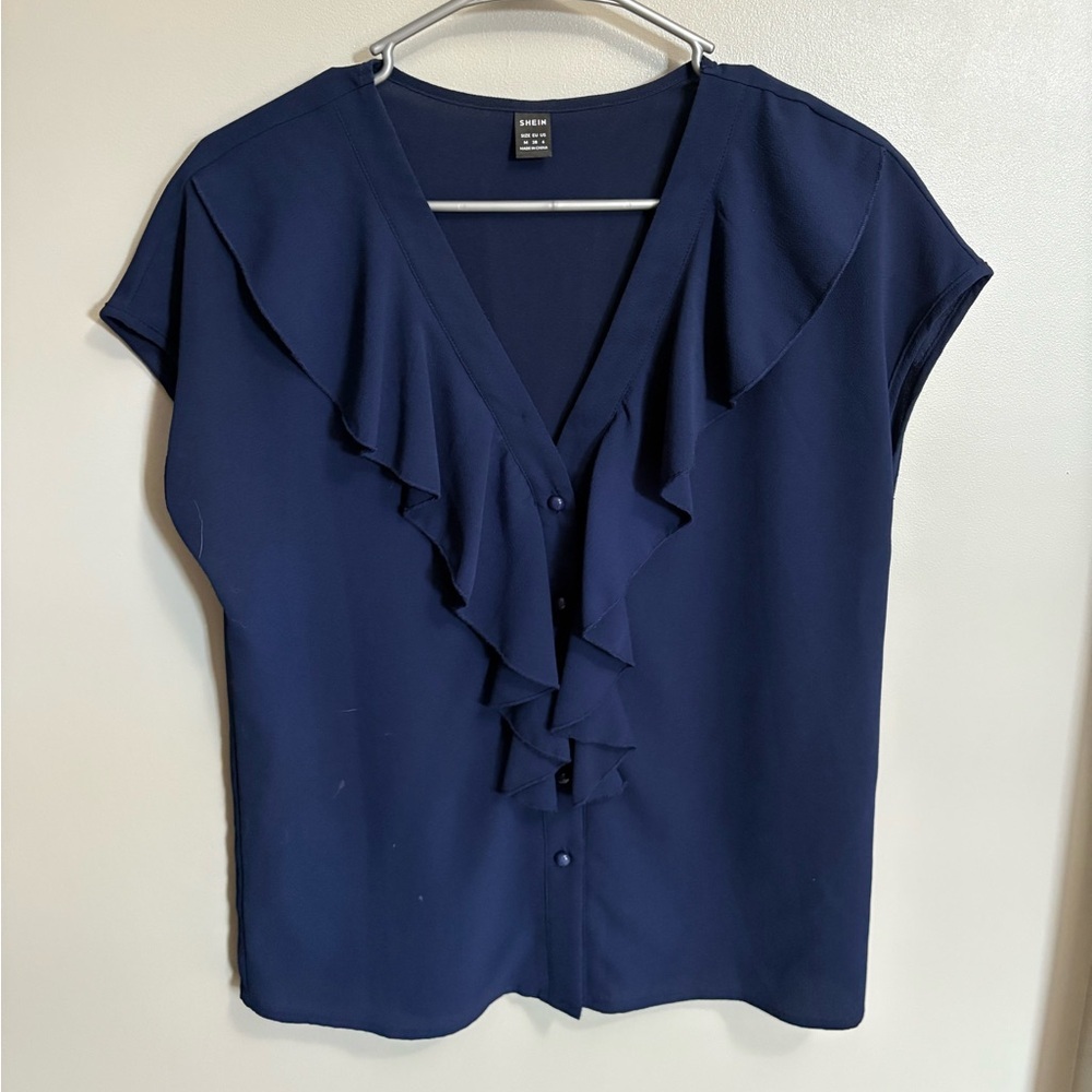 SHEIN Deep Blue Ruffled V-Neck Blouse